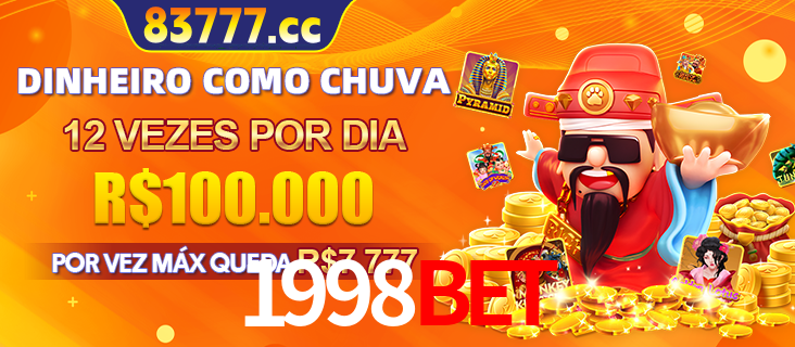 Banner do programa de recompensas Recomende para amigos do 1998BET, detalhando os bônus por convidar amigos, com prêmios que chegam a R$288.888.