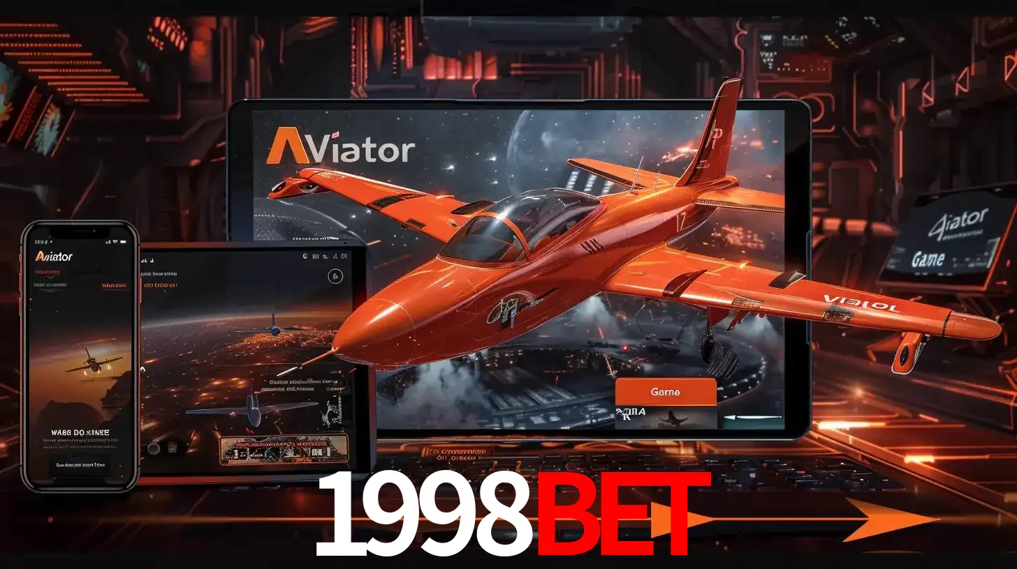 Apresentação tecnológica do jogo Aviator com um avião saindo da tela de um tablet, demonstrando a experiência imersiva em múltiplos dispositivos no 1998BET.