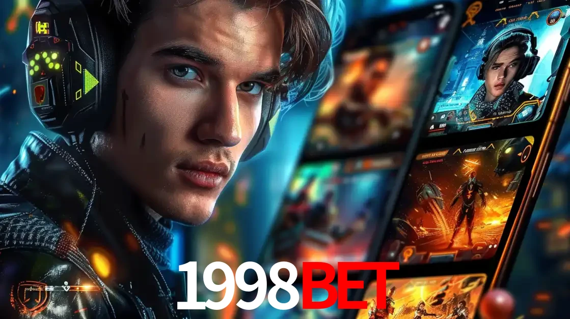 Jovem jogador com fones de ouvido olhando para a câmera, com um aplicativo de jogos e e-sports para celular ao fundo, pronto para a competição e apostas no 1998BET.