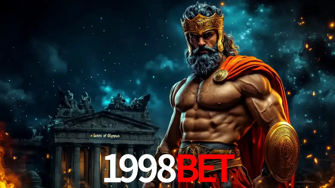 O poderoso Zeus do jogo de slot Gates of Olympus em frente ao seu templo, pronto para lançar multiplicadores divinos e prêmios épicos no cassino online 1998BET.