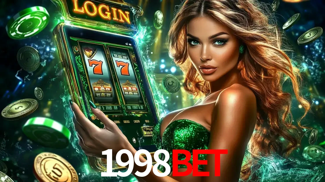 Mulher com tema verde apresentando o aplicativo do cassino 1998BET com um jogo de slot de 777, cercada por fichas de cassino e uma aura de sorte.