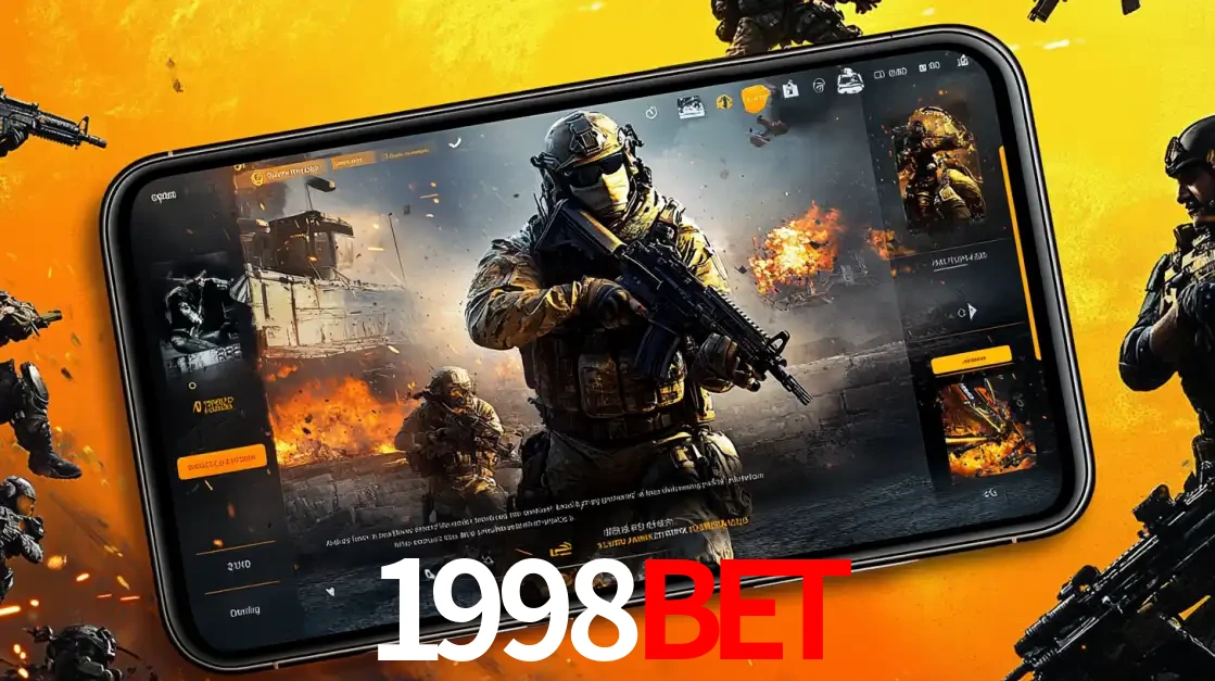 Um smartphone exibindo a interface de um jogo de tiro em primeira pessoa, com um soldado em um cenário de batalha, representando a ação dos e-sports para apostar no 1998BET.