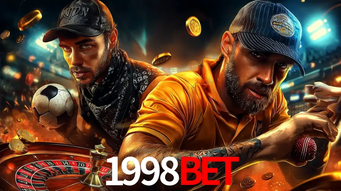 Montagem de apostas esportivas e cassino no 1998BET, com um homem segurando uma bola de futebol e outro uma de beisebol sobre uma roleta e moedas voadoras.