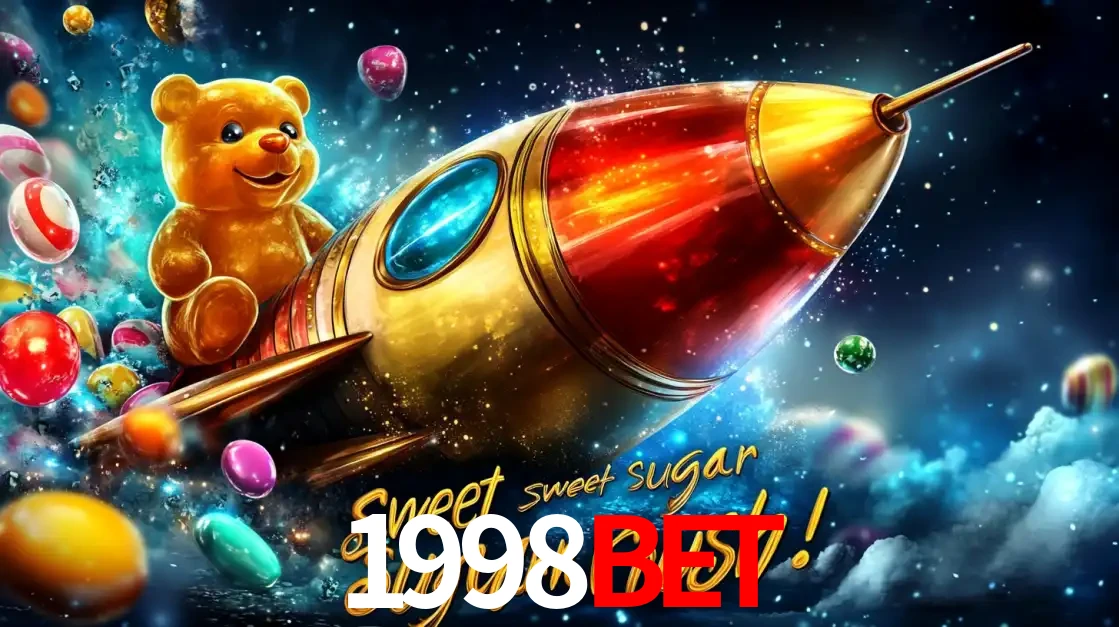 Arte promocional do jogo de slot Sugar Rush, com um urso de pelúcia em um foguete viajando pelo espaço de doces, um dos jogos divertidos disponíveis no cassino 1998BET.