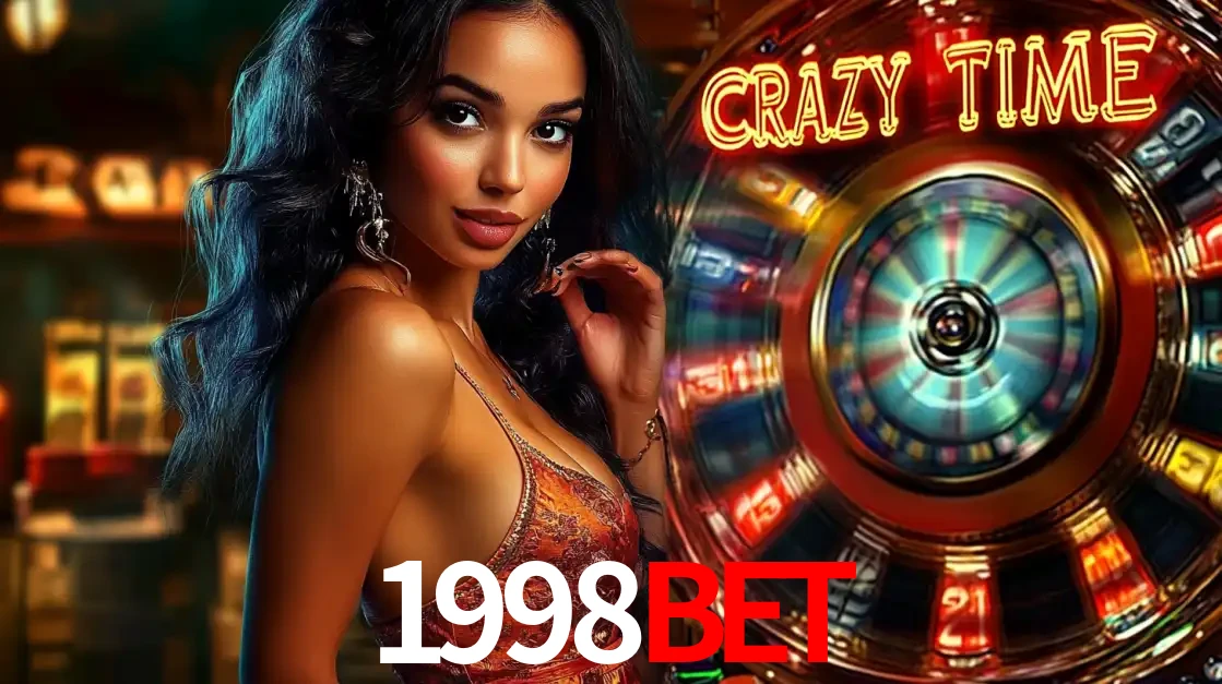 Mulher elegante ao lado da vibrante roda da fortuna do jogo de cassino ao vivo Crazy Time, um dos game shows mais populares e cheios de prêmios do 1998BET.