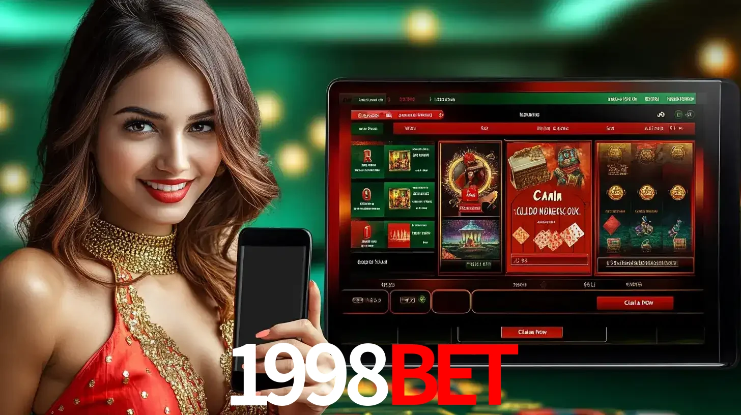 Mulher sorridente segurando um smartphone, ao lado de uma tela exibindo o lobby de jogos do cassino online 1998BET, com várias opções de jogos de cartas e slots.